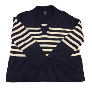 100% Cotton GAP 24/7 Navy Blue & White Split-Hem Polo Sweater